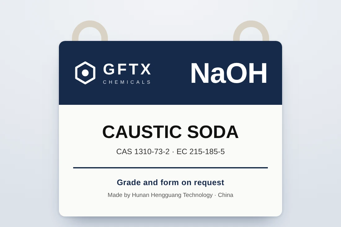 Label soda kaustik GFTx Chemicals: NaOH, CAS 1310-73-2