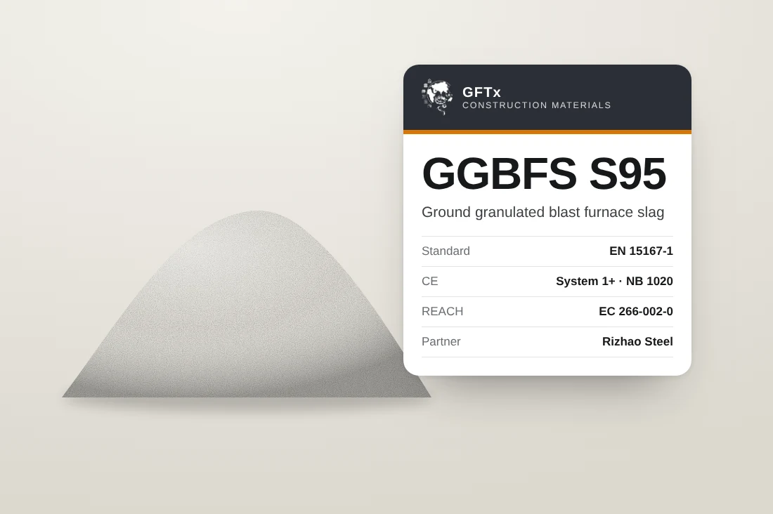 Etykieta produktu GGBFS S95: mielony granulowany żużel wielkopiecowy zgodny z EN 15167-1