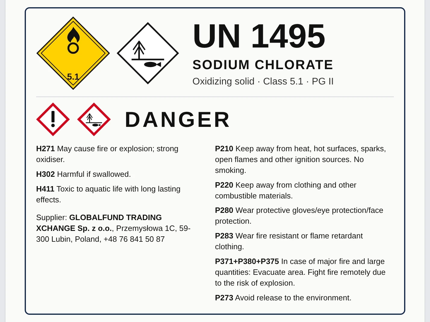 Hazard section of the GFTx Chemicals sodium chlorate label: class 5.1 and environmental transport labels, GHS pictograms, signal word Danger, H and P statements