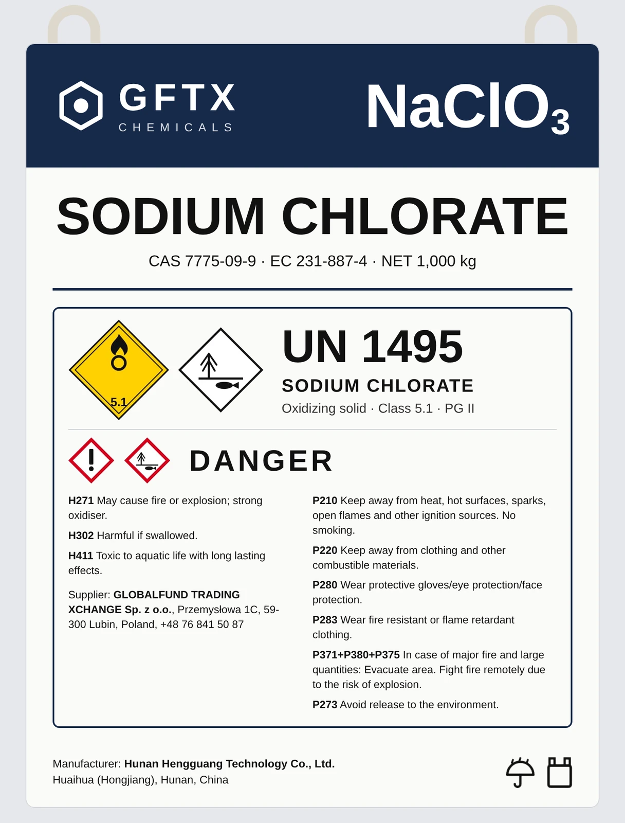 GFTx Chemicals label for a 1,000 kg big bag of sodium chlorate, UN 1495
