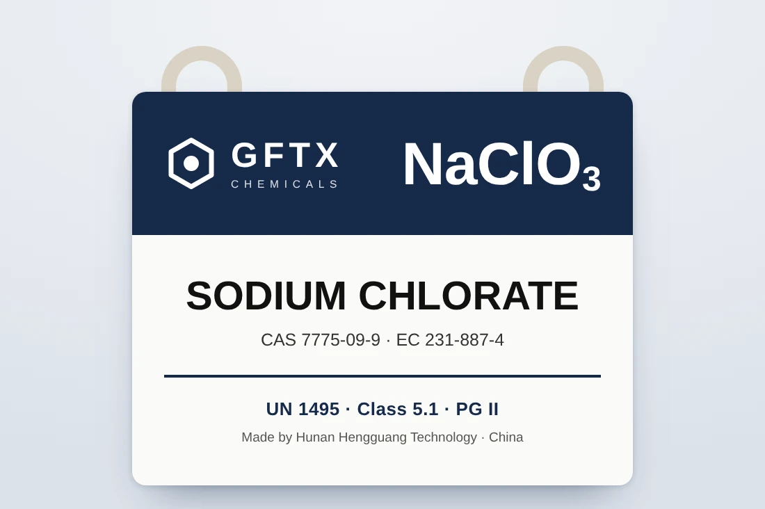 GFTx Chemicals sodium chlorate label: NaClO₃, CAS 7775-09-9, UN 1495