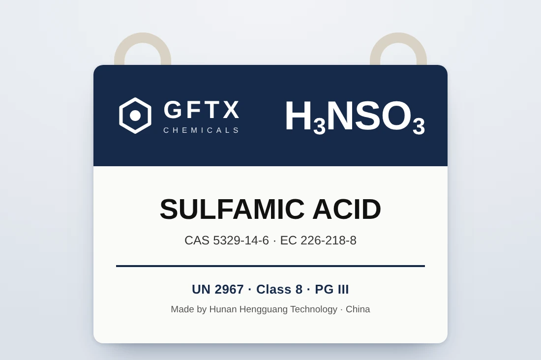 Label asam sulfamat GFTx Chemicals: H₃NSO₃, CAS 5329-14-6, UN 2967