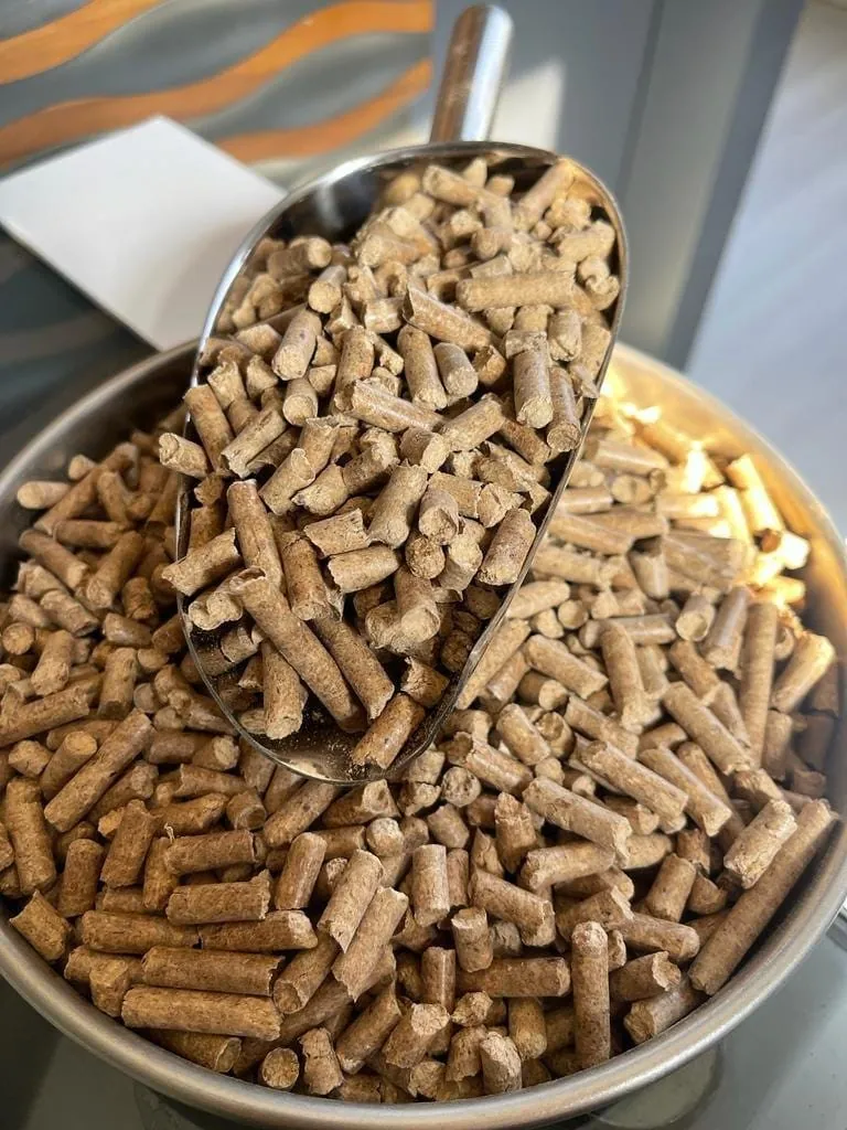 金属铲中的工业木质颗粒